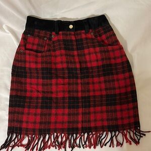 Express Junior Size 9/10 Red Black Plaid Skirt Fringe Bottom Straight Skirt
